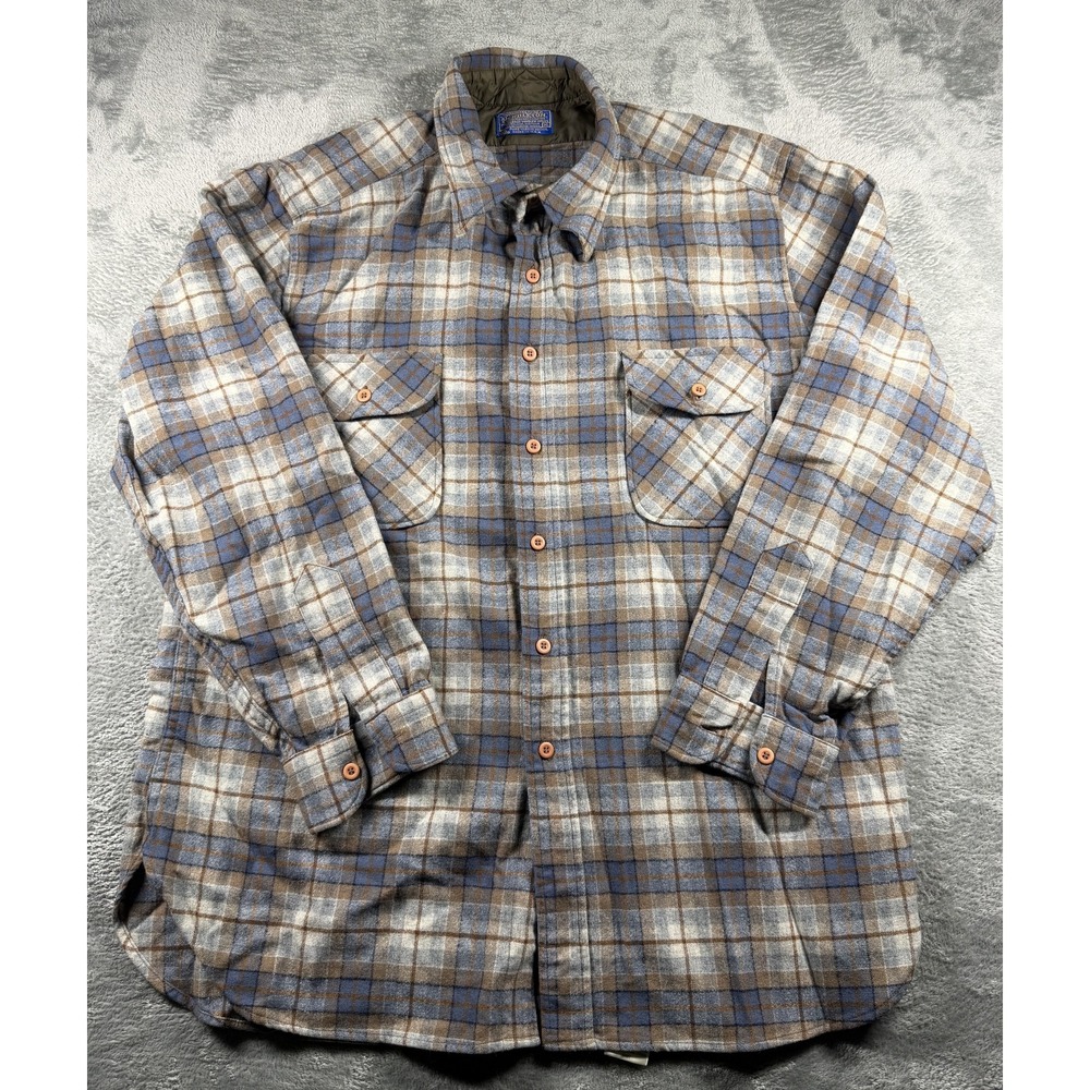 Vintage Pendleton Wool Shirt Jacket Mens XL Blue Tan Plaid Quilted Lined USA